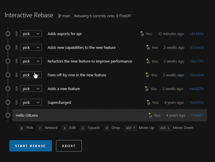A gif showing the interactive rebase functionality in action. Commits are being drag and dropped