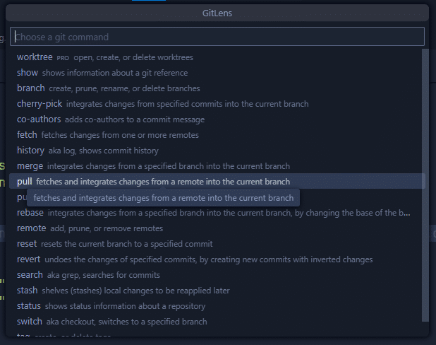 Showing all the options in the VSCode command Palette for git operations with GitKraken. "pull" is highlighted