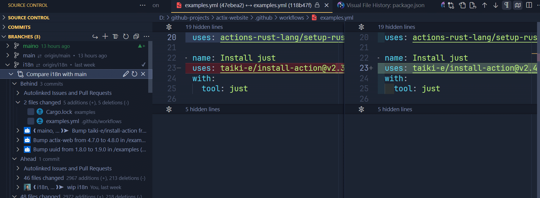 A screenshot showing a side by side diff between two branches of code. One line is changed