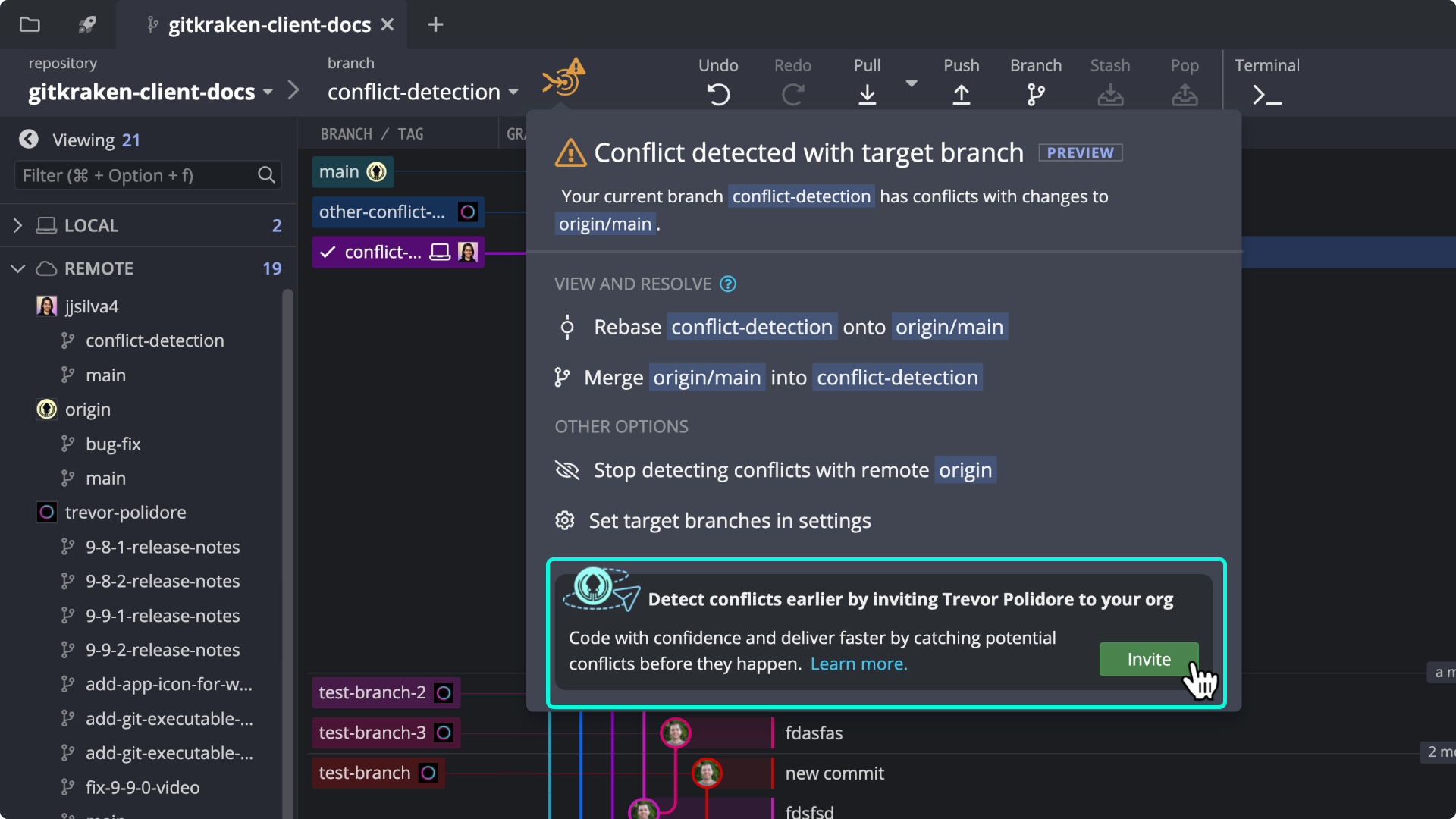 From the conflict detection menu, there is a green button at the bottom to invite a non-GitKraken org member to get a license