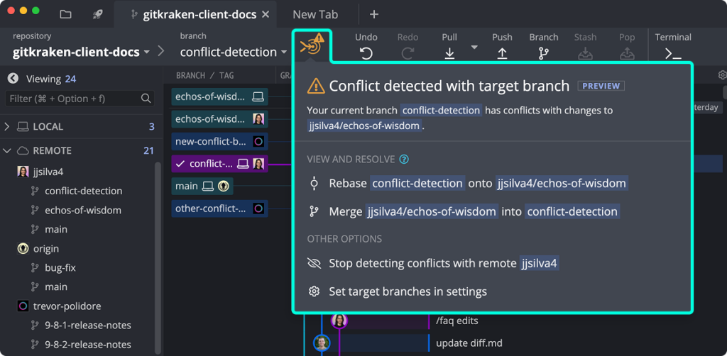 In GitKraken Desktop, clicking a target icon warning expands to show details about a potential merge conflict. The menu lists the conflicted branches and provides options to rebase, merge, stop detecting conflicts for target branch, or set target branch settings.