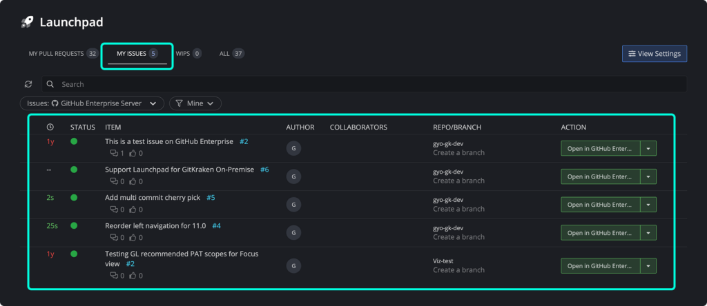 A screenshot of the Launchpad with the issues tab selected. The screen displays issues tied to the repos 