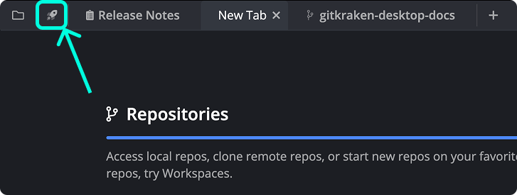 A cropped screenshot of GitKraken Desktop UI with the rocket icon highlighted, and arrow icon pointing to it