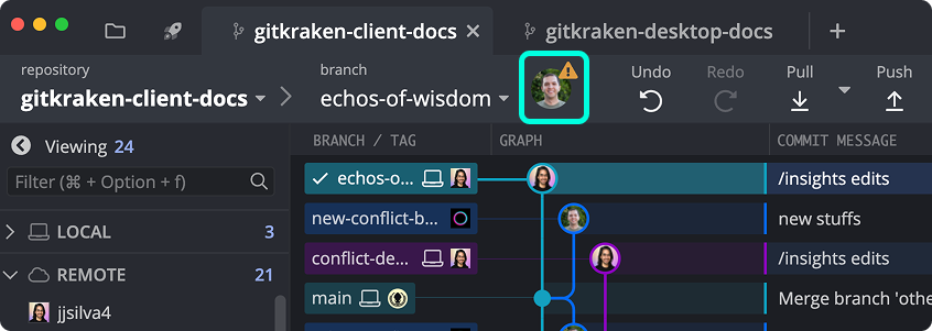 Shows conflict warning in the branch crumb within the context of GitKraken Desktop