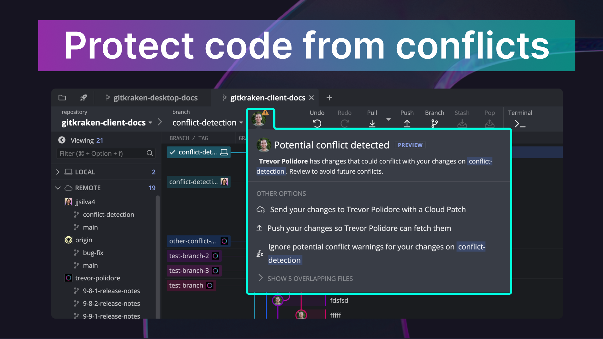 Image titled "Protect code from conflicts" with a screenshot of GitKraken Desktop below