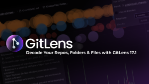 Promotional graphic for GitLens 17.1 featuring a blurred background of colorful data visualizations and file history. Text reads "GitLens - Decode Your Repos, Folders & Files with GitLens 17.1." The GitLens logo is prominently displayed on the left.