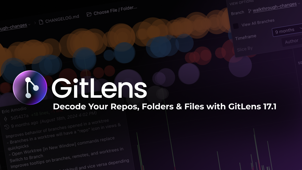 Promotional graphic for GitLens 17.1 featuring a blurred background of colorful data visualizations and file history. Text reads "GitLens - Decode Your Repos, Folders & Files with GitLens 17.1." The GitLens logo is prominently displayed on the left.