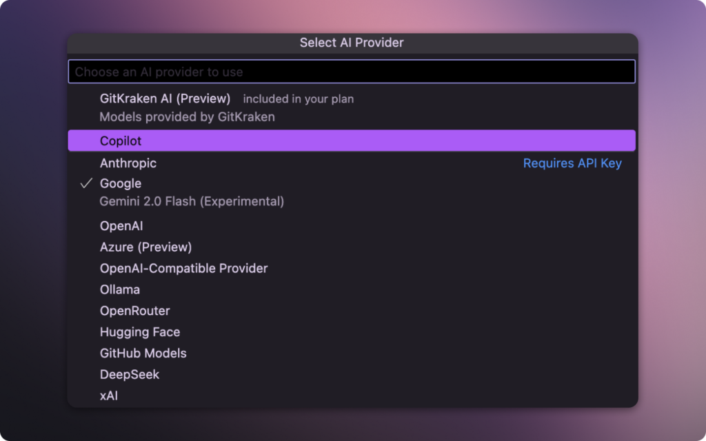 Dropdown menu titled "Select AI Provider" in the GitKraken interface. The list includes AI providers such as GitKraken AI (Preview), Copilot, Anthropic, Google (Gemini 2.0 Flash), OpenAI, Azure, OpenAI-Compatible Provider, Ollama, OpenRouter, Hugging Face, GitHub Models, DeepSeek, and xAI. GitKraken AI is noted as included in the plan; Copilot requires an API key.