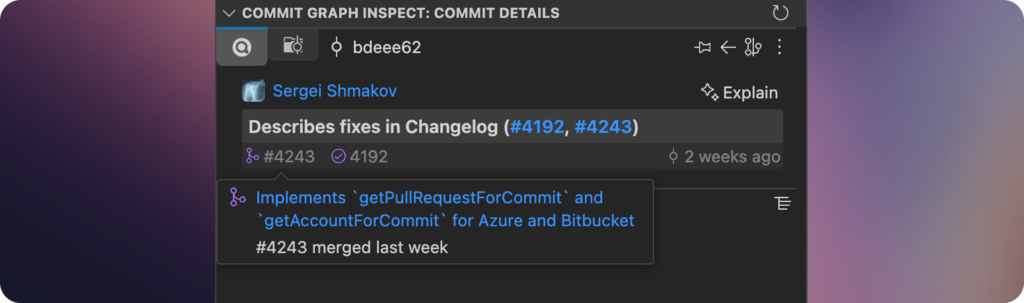 Commit details view in GitLens showing a commit by Sergei Shmakov with message "Describes fixes in Changelog (#4192, #4243)", including linked issues and tooltip explanation of implemented methods for Azure and Bitbucket.