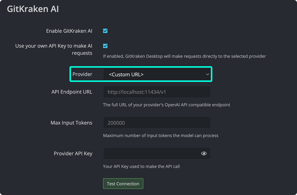GitKraken AI settings interface showing configuration options for using a custom AI provider URL, including fields for API endpoint, input tokens, and API key.