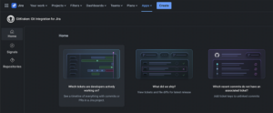 Screenshot of GitKraken's Git Integration for Jira Cloud Advanced Edition interface showing Home view with options to explore developer activity, recent releases, and unlinked commits.