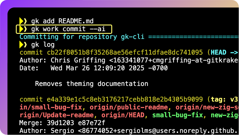 Terminal window showing GitKraken CLI commands: gk add README.md and gk work commit --ai, which triggers an AI-generated commit message. The gk log output displays commit history, including author details and commit messages for the gk-cli repository.