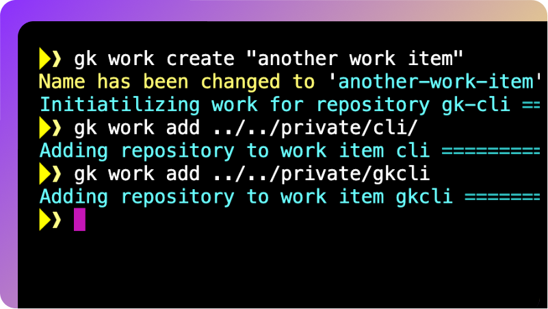 Terminal output showing the creation of a new GitKraken work item named “another work item,” which is automatically renamed to another-work-item. Two repositories (cli and gkcli) are added to the work item, demonstrating GitKraken CLI’s support for multi-repo workflows.
