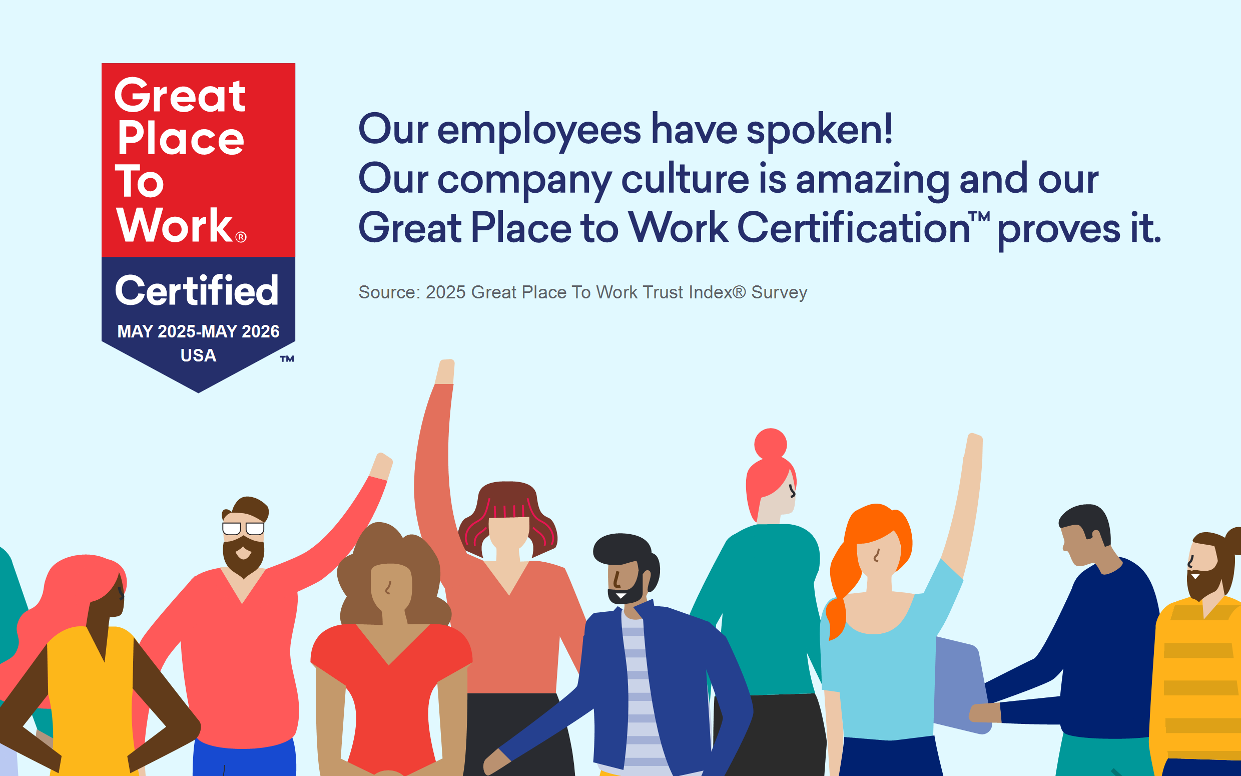 Illustration celebrating GitKraken's Great Place to Work Certification for May 2025–May 2026. Text reads: “Our employees have spoken! Our company culture is amazing and our Great Place to Work Certification proves it.” Diverse cartoon figures raise their hands in celebration.