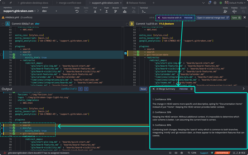 Screenshot of GitKraken Desktop showing an AI-assisted merge conflict resolution. Two conflicting versions of a YAML file are displayed side by side with the resolved output below, and an "AI Merge Summary" panel explains the resolution decisions with confidence percentages.

