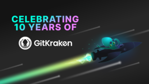 Celebratory graphic with the text "Celebrating 10 Years of GitKraken" in gradient colors. The GitKraken logo is below the text. On the right, the GitKraken mascot is flying a rocket, leaving a glowing green trail in space.