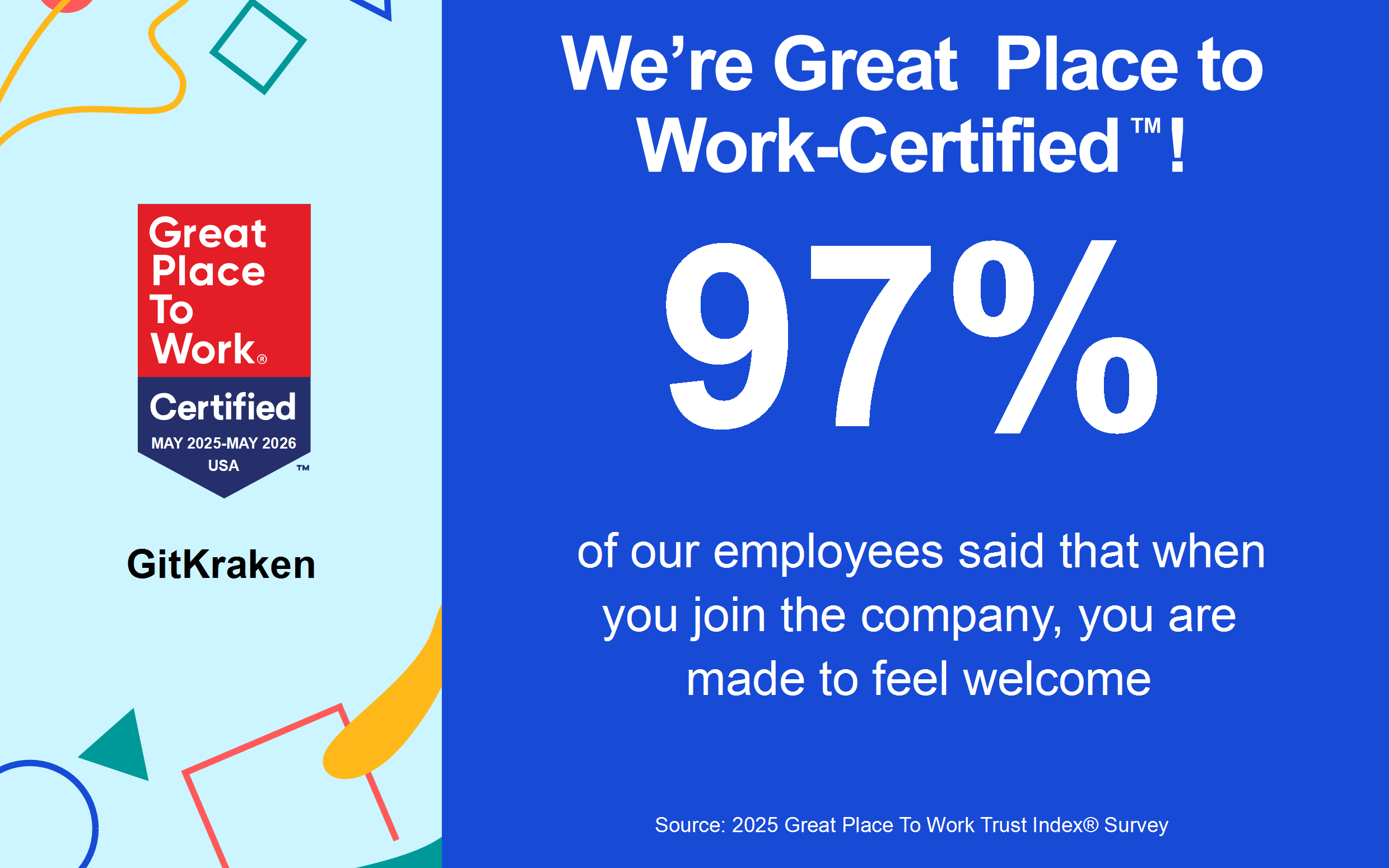 Infographic showing GitKraken is Great Place to Work-Certified from May 2025 to May 2026. It highlights that 97% of employees said they felt welcomed when joining the company, based on the 2025 Great Place To Work Trust Index survey.