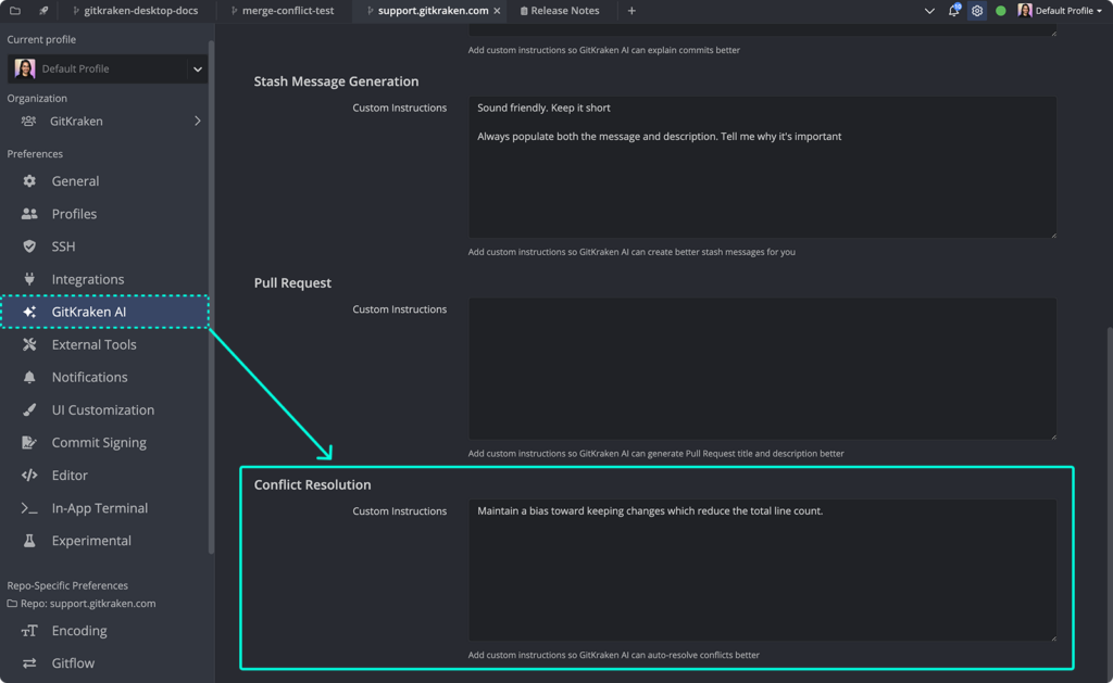 Screenshot of the GitKraken Desktop preferences panel focused on GitKraken AI settings. The "Conflict Resolution" section shows custom instructions: "Maintain a bias toward keeping changes which reduce the total line count."