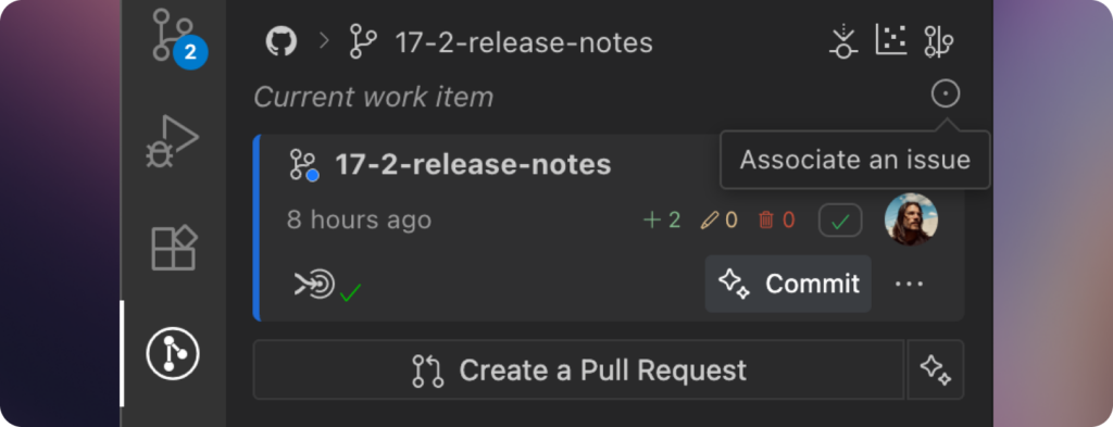 Screenshot of GitLens in Visual Studio Code showing the "Create a Pull Request" button and the branch '17-2-release-notes' with commit activity. A tooltip is visible for the 'Associate an issue' button in the top right.