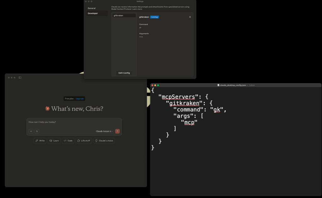 Composite screenshot showing configuration of GitKraken MCP in the Claude AI interface. The image includes a JSON config snippet registering the "gitkraken" MCP server with command "gk" and argument "mcp", a Claude settings window indicating the server is running, and Claude’s main chat interface.
