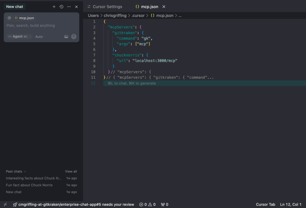 Screenshot of the Cursor editor showing a mcp.json configuration file. The file defines two MCP servers: "gitkraken" with command "gk" and argument "mcp", and "chucknorris" with a URL to localhost. A chat panel on the left suggests the interface supports AI-driven commands.