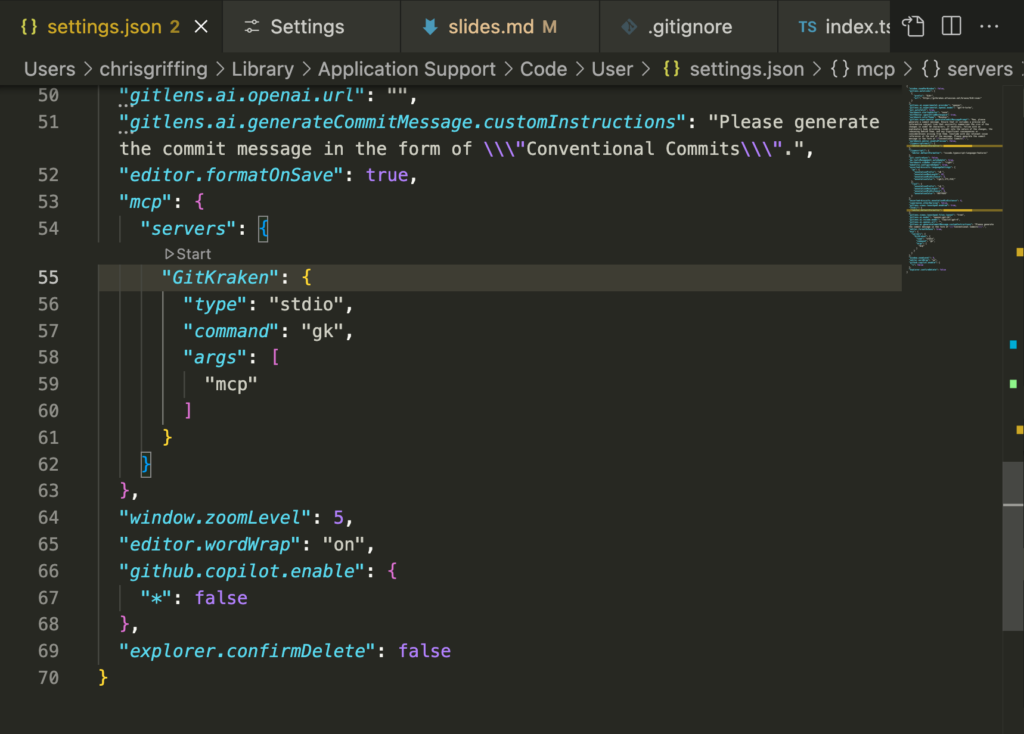 Screenshot of VS Code displaying a settings.json file. The file includes configuration for GitKraken MCP, defining a server with command "gk" and argument "mcp". Additional VS Code settings such as zoom level and editor.wordWrap are also shown.
