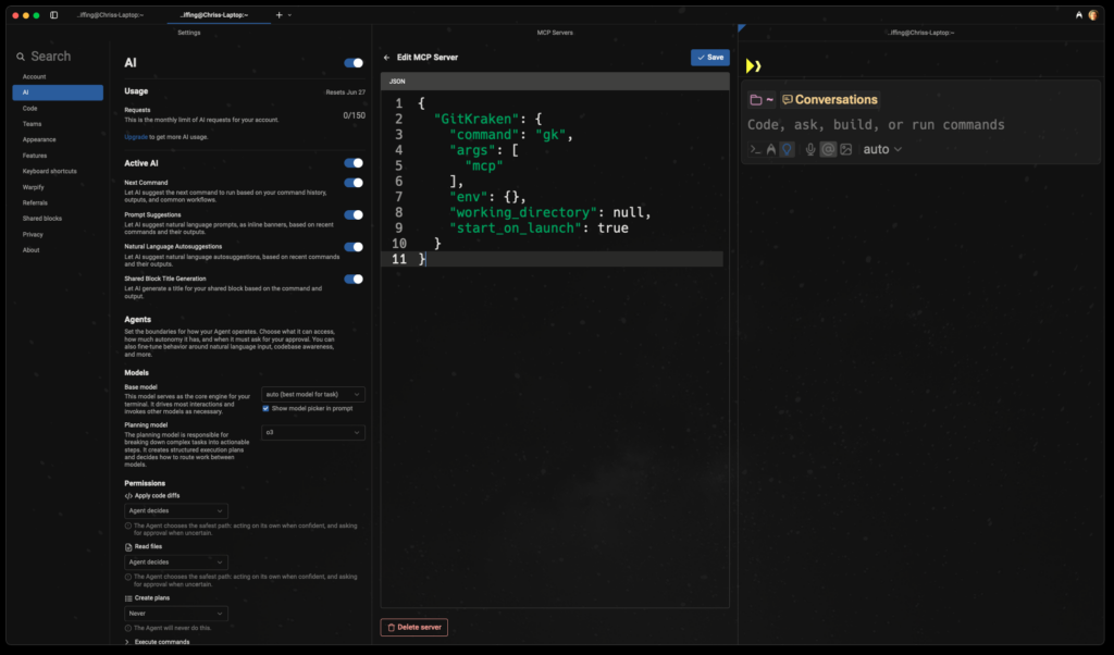 Screenshot of a GitKraken MCP Server configuration interface. The screen shows a JSON configuration for the "GitKraken" command with settings like arguments, environment variables, and start_on_launch set to true. The left panel includes AI and agent settings.