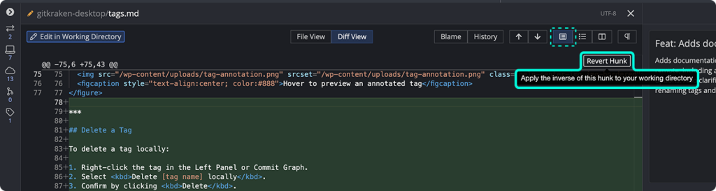 Screenshot of GitKraken Desktop's Diff View showing a file named tags.md. A new section titled "Delete a Tag" is highlighted in green. A tooltip labeled "Revert Hunk" explains the button’s function: "Apply the inverse of this hunk to your working directory."