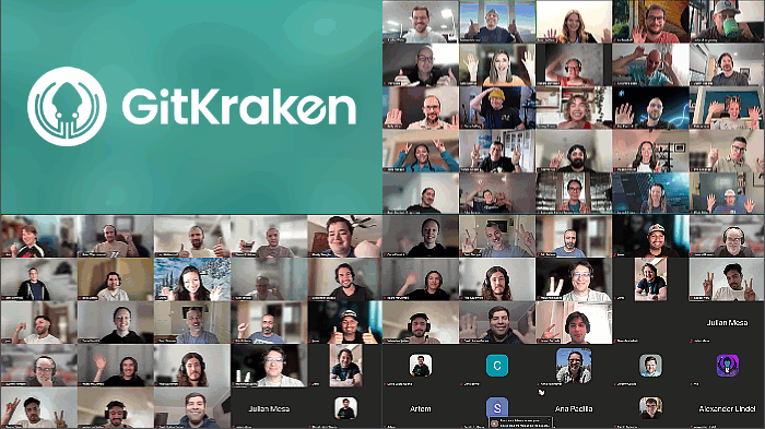 Collage of GitKraken team members in a virtual meeting, with most smiling and waving. The top left shows a large GitKraken logo on a teal background. The rest of the image features dozens of video call tiles with individual team members.