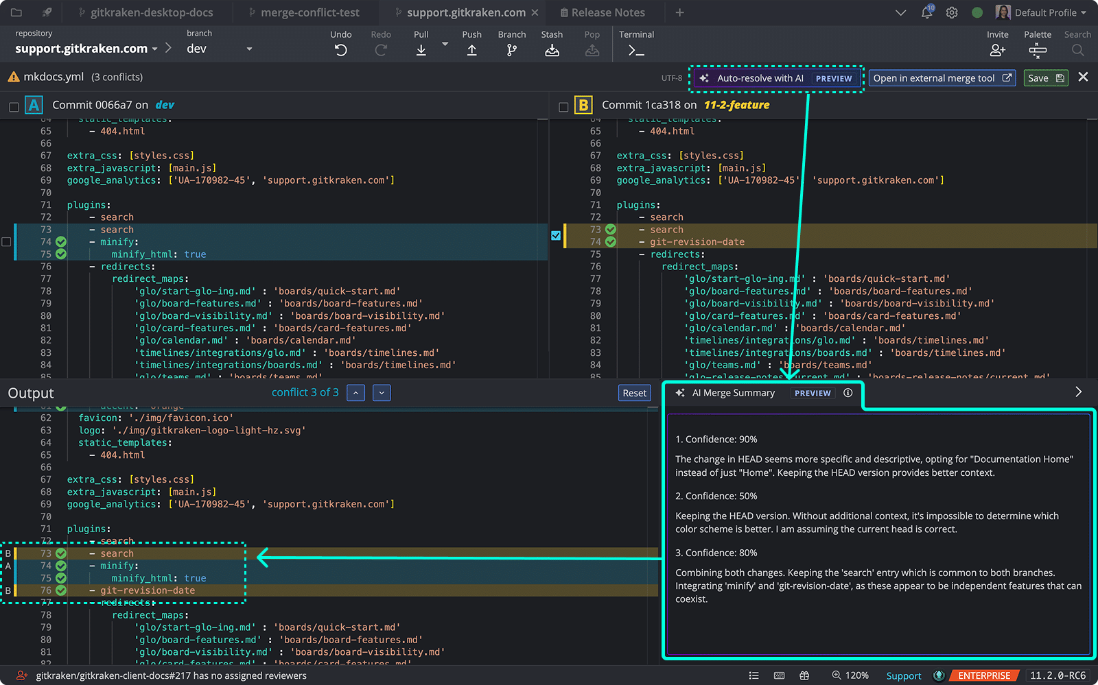 Screenshot of GitKraken's merge conflict resolution UI using "Auto-resolve with AI", showing side-by-side diffs, resolved output, and an AI Merge Summary with confidence levels and reasoning behind each resolution choice.
