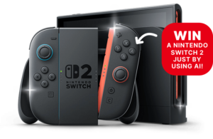 Promotional image showing a Nintendo Switch 2 console and controllers with sparkles. A red badge on the right says: "WIN A NINTENDO SWITCH 2 JUST BY USING AI!"