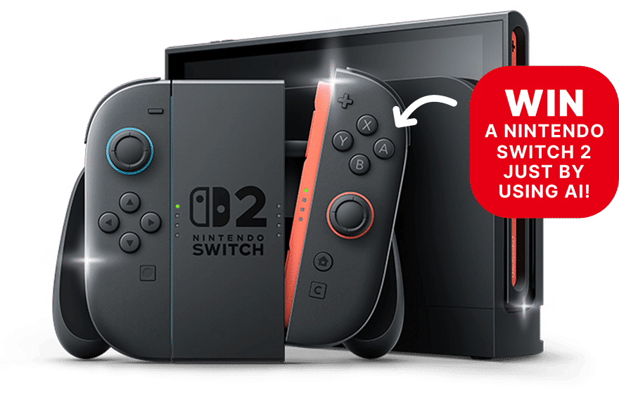Promotional image showing a Nintendo Switch 2 console and controllers with sparkles. A red badge on the right says: "WIN A NINTENDO SWITCH 2 JUST BY USING AI!"