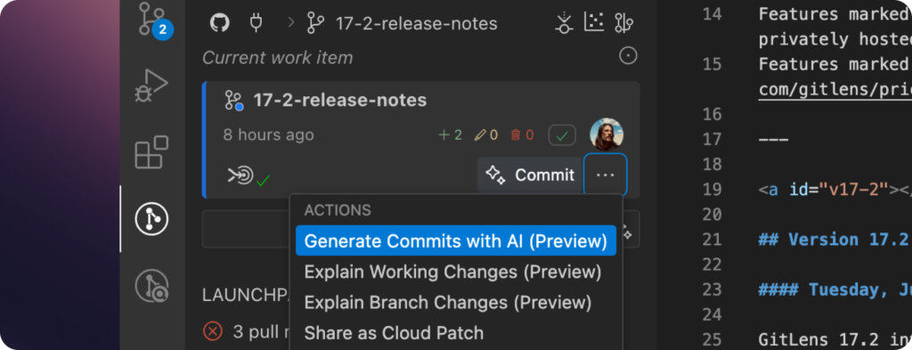 Screenshot of GitKraken commit UI in VS Code with a dropdown menu showing AI-powered options: "Generate Commits with AI", "Explain Working Changes", and "Explain Branch Changes".