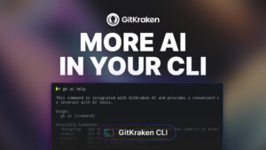 Promotional graphic for GitKraken CLI featuring the headline "More AI in Your CLI" and a terminal snippet showing the "gk ai help" command with available AI-powered options like commit, explain, and changelog.