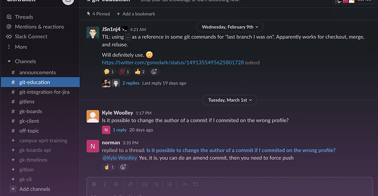 Slack workspace showing the #git-education channel with users discussing Git tips, including commit author changes and referencing previous branches in commands. Various GitKraken-related channels are listed in the sidebar.