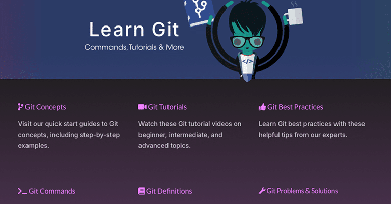 Illustration of a character with glasses and green hair holding a laptop and coffee, surrounded by Git icons. Below, sections for learning Git are labeled: Git Concepts, Git Tutorials, Git Best Practices, Git Commands, Git Definitions, and Git Problems & Solutions.