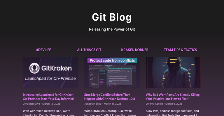 Screenshot of the Git Blog homepage featuring article categories like #DEVLIFE, ALL THINGS GIT, KRAKEN KORNER, and TEAM TIPS & TACTICS. Blog titles include topics on GitKraken On-Premise, stopping merge conflicts, and improving workflow velocity.