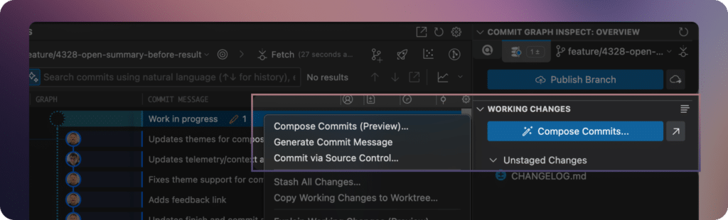 Screenshot showing GitLens Commit Composer options within the Commit Graph view, with a dropdown menu and a "Compose Commits" button under Working Changes.