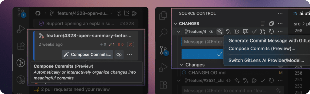 Side-by-side view of GitLens Commit Composer options in the VS Code interface, including a tooltip for "Compose Commits (Preview)" and a dropdown with options to generate commit messages or switch AI models.