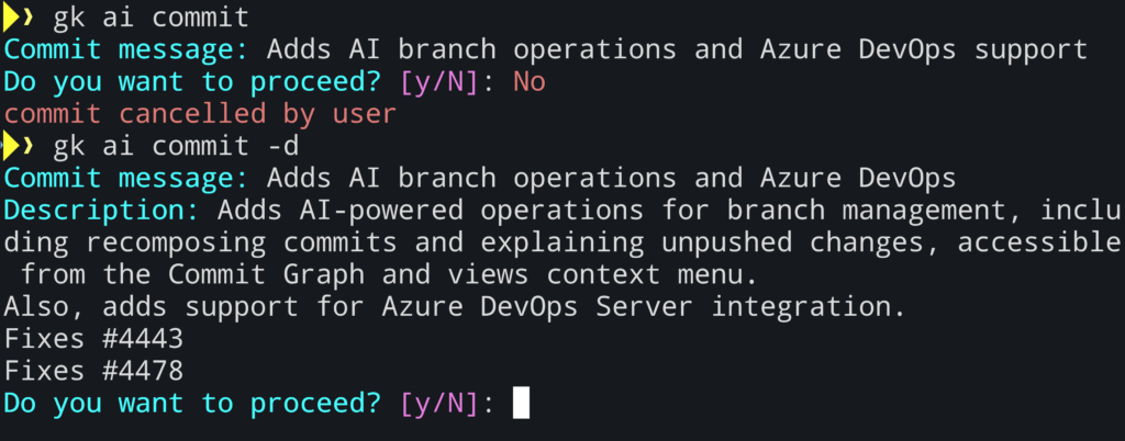 Terminal output showing two executions of "gk ai commit". The first is canceled by the user, while the second includes the -d flag to display a detailed commit message and description about AI branch operations and Azure DevOps support.
