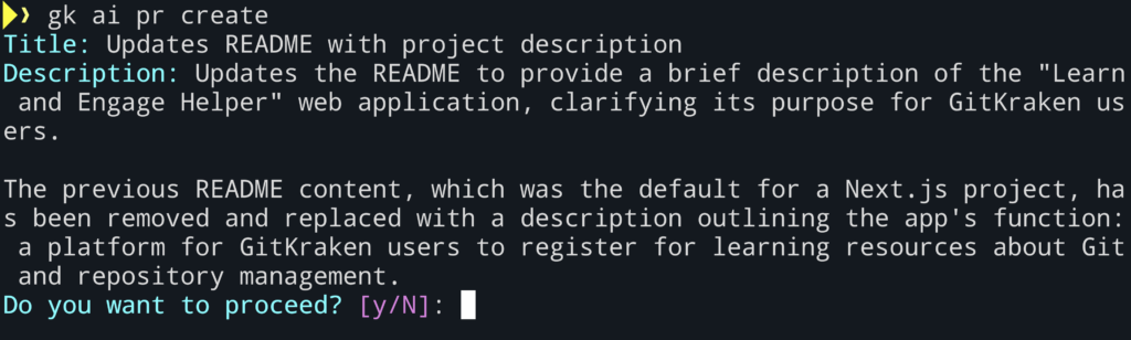 Terminal output showing the "gk ai pr create" command generating a pull request title and description for updating a README to describe the "Learn and Engage Helper" app, followed by a confirmation prompt.
