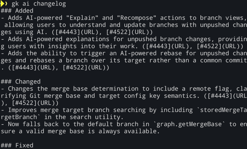 Terminal screenshot showing output of "gk ai changelog" command, listing new AI features, changes, and fixes related to branch explanations, AI-powered rebasing, and improved merge base handling.