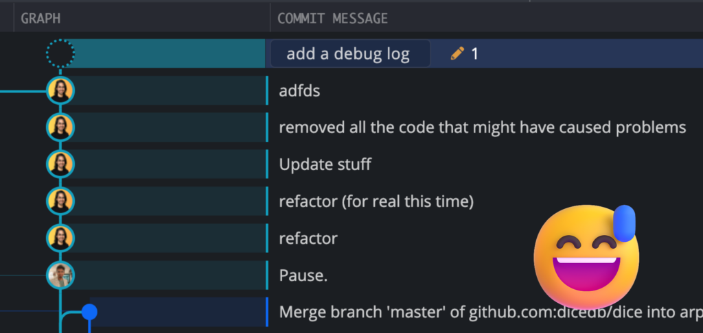 Screenshot of a cluttered Git commit history in GitKraken showing vague messages like "adfds" and "refactor (for real this time)", overlaid with a relieved smiley face emoji to humorously emphasize the need for cleanup.