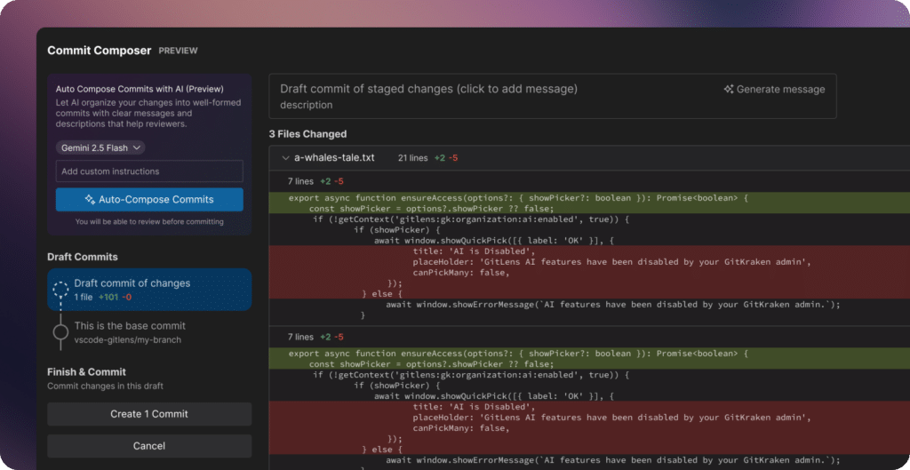 Screenshot of GitLens Commit Composer showing AI-generated commit suggestions for staged changes, with options to auto-compose using Gemini 2.5 and preview diffs before creating a commit.