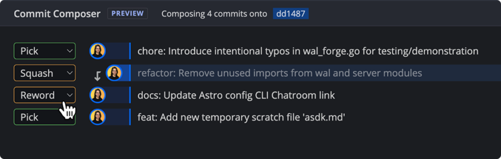 GitKraken Commit Composer interface showing four commits being composed onto a base commit, with dropdown actions like Pick, Squash, and Reword available for each commit.