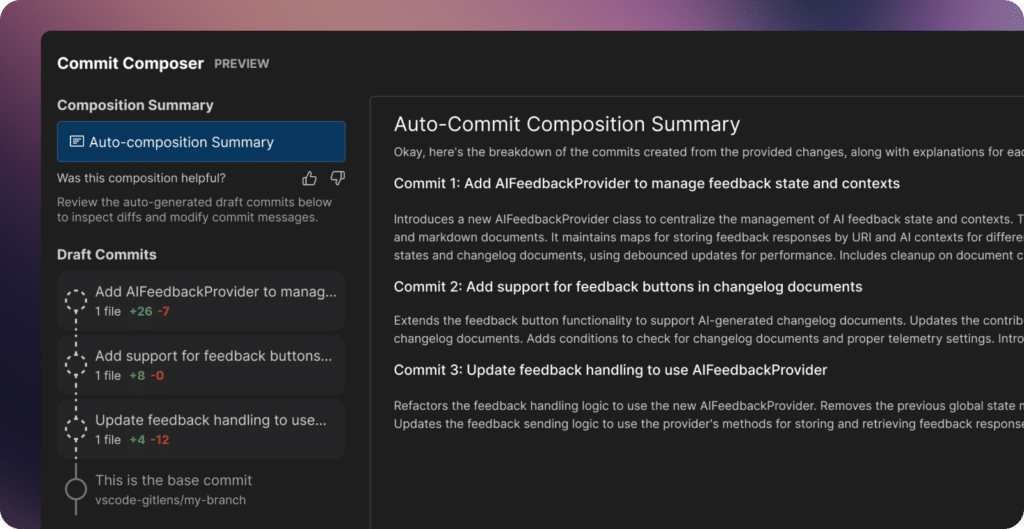 Screenshot of GitLens Commit Composer showing an Auto-Commit Composition Summary with three grouped commits, each containing explanations for changes related to AI feedback handling.