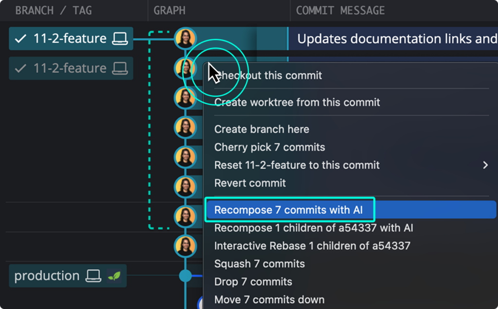 Screenshot of GitKraken Desktop's context menu opened on a commit, highlighting the option "Recompose 7 commits with AI" as part of branch cleanup actions in the commit graph.

