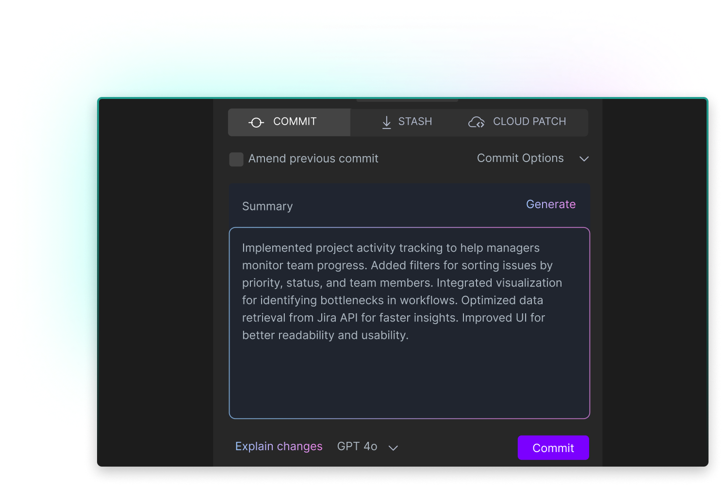 Screenshot from GitLens showing AI-assisted commit message generation. The commit summary describes added features like project activity tracking, filters for sorting issues, workflow visualizations, optimized Jira data retrieval, and UI improvements. A “Generate” button and the GPT-4o model selector appear above a “Commit” button at the bottom.