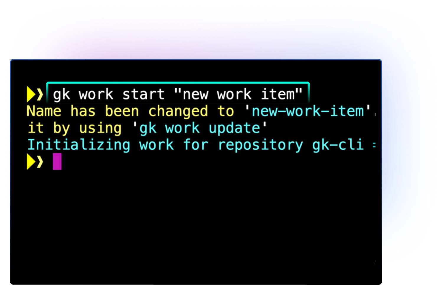 Terminal interface displaying a GitKraken CLI command: gk work start "new work item". The CLI responds that the name has been changed to ‘new-work-item’ and suggests using 'gk work update' to modify it. The system then initializes work for the repository gk-cli.