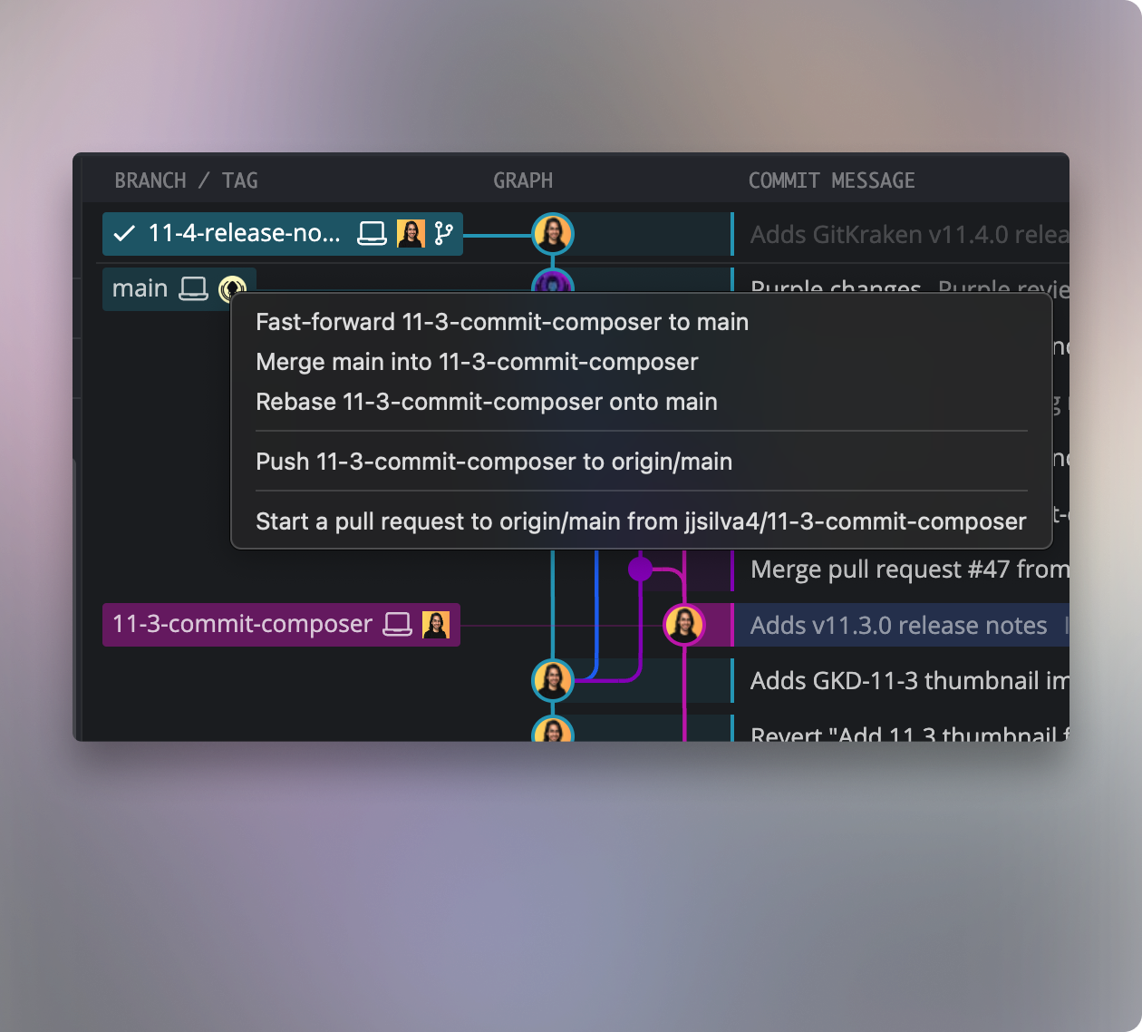 A GitKraken commit graph with multiple branches visualized, highlighting the 11-3-commit-composer branch in purple and its relation to the main branch. A context menu is open, showing beginner-friendly Git actions such as fast-forward, merge, rebase, push to remote, and start a pull request. This interface provides an intuitive way to manage Git workflows for beginners, including safe rebasing and branch operations.